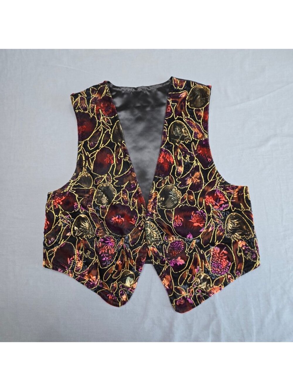 Vintage Womens Large XL Floral Velvet Burnout Vest Black/Red Gold Embroidery